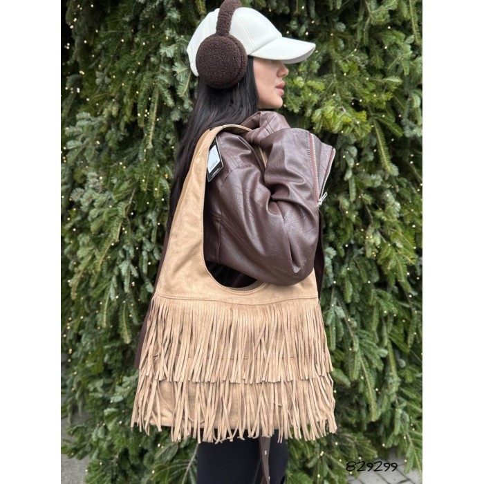 Сумка жіноча мішечок бахрома комбінована колір: Бежева,Чорна