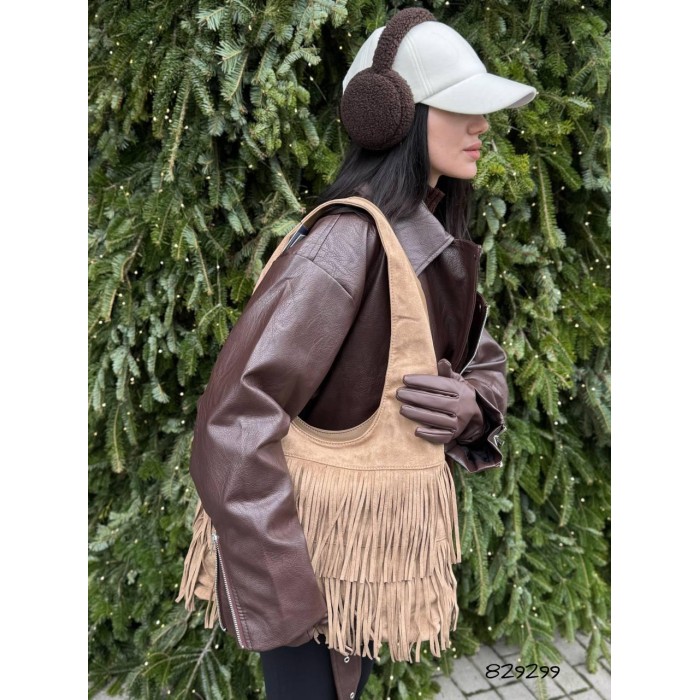 Сумка жіноча мішечок бахрома комбінована колір: Бежева,Чорна