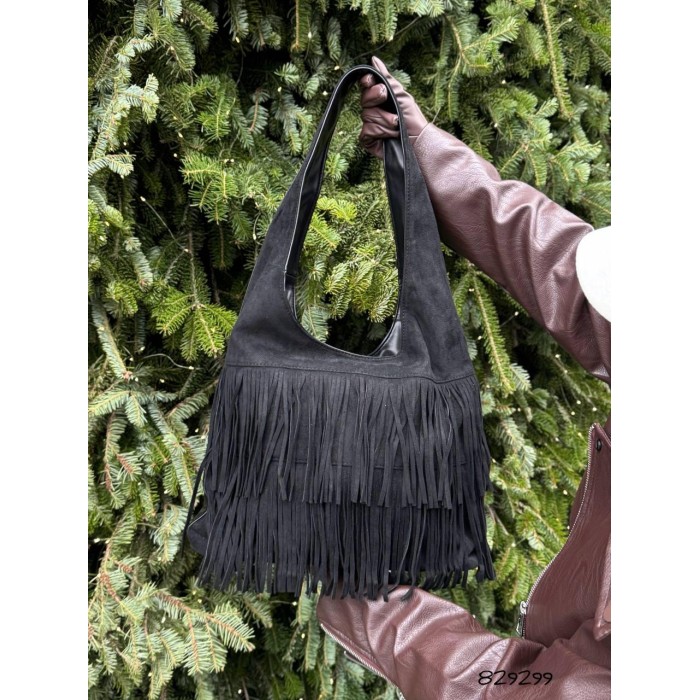 Сумка жіноча мішечок бахрома комбінована колір: Бежева,Чорна Чорний