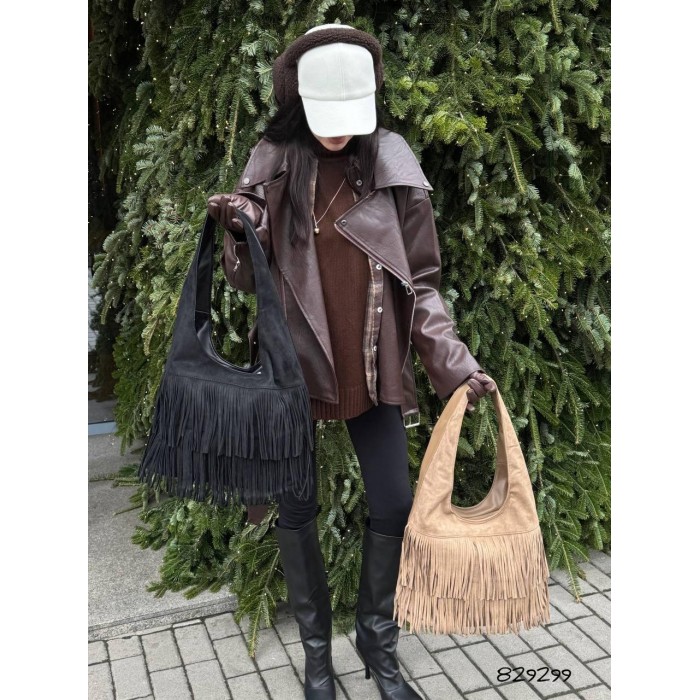 Сумка жіноча мішечок бахрома комбінована колір: Бежева,Чорна