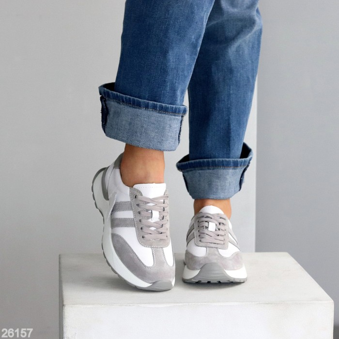 Універсальні білі сірі кросівки натуральна шкіра + замша