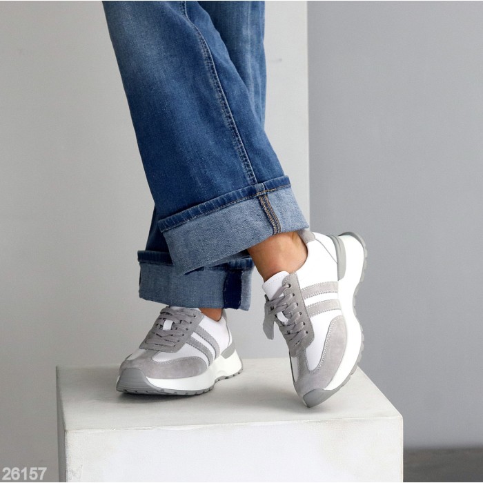 Універсальні білі сірі кросівки натуральна шкіра + замша