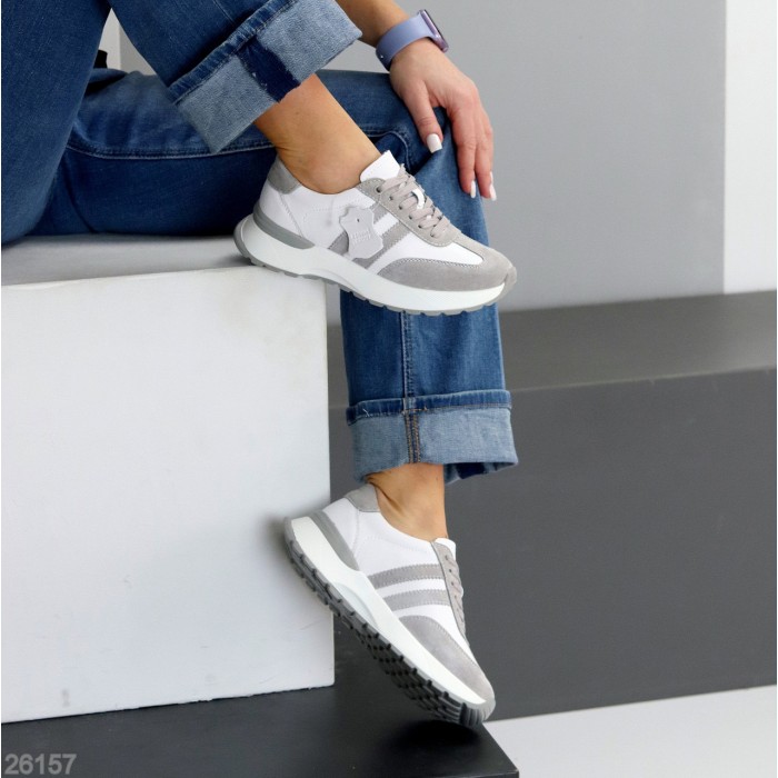 Універсальні білі сірі кросівки натуральна шкіра + замша