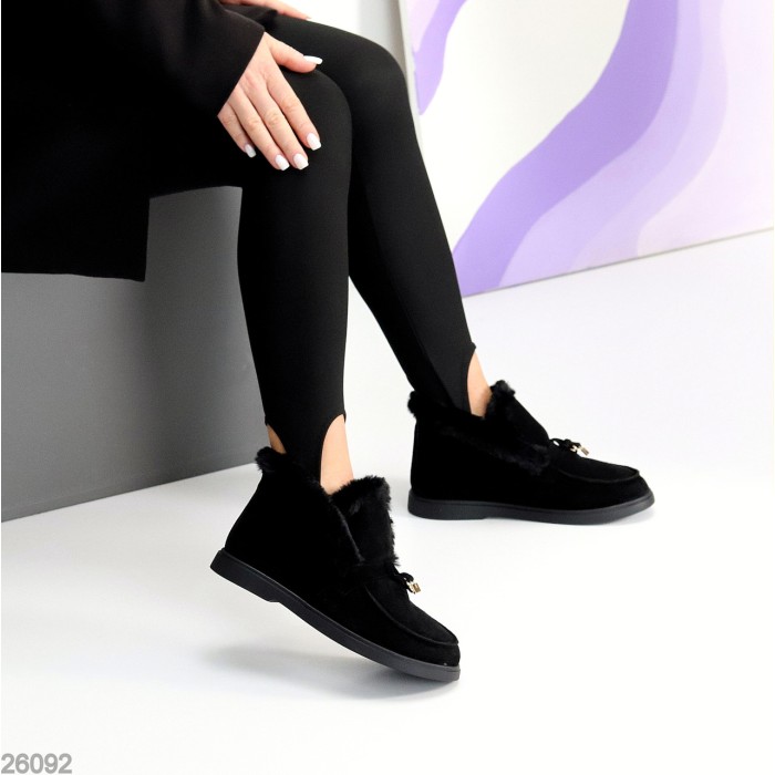 Стильні утеплені замшеві чорні лофери з опушкою 36р