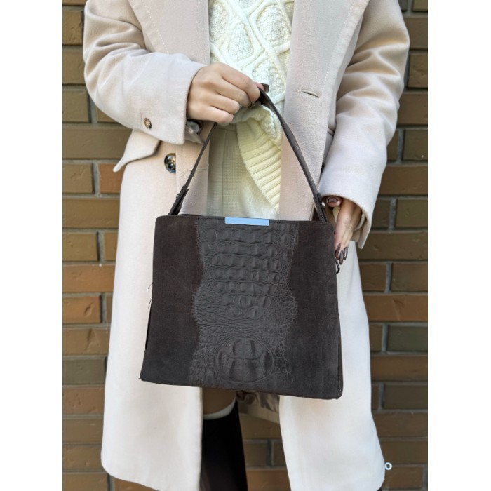 Сумка женская 3 отделения экокожа/натуральная замша цвет: Шоколад, Шоколад крокодил