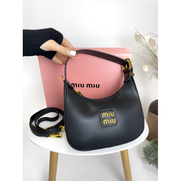 Сумка жіноча МіуМіу полу кругла натуральна шкіра Карамель, Чорна