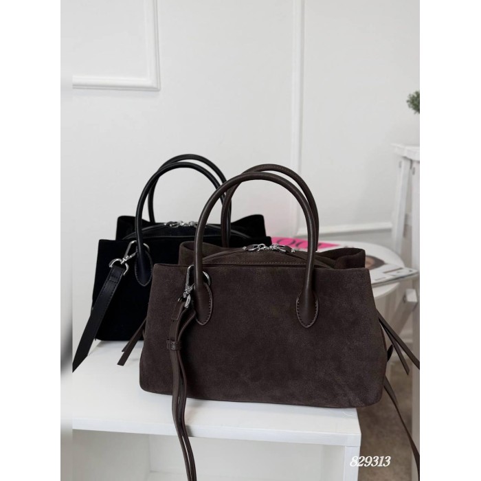 Сумка жіноча валізка 3 відділення комбінована натуральна замша/шкіра Чорна, Шоколад