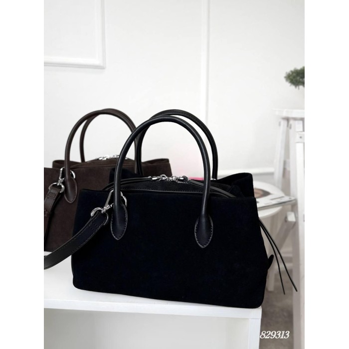 Сумка жіноча валізка 3 відділення комбінована натуральна замша/шкіра Чорна, Шоколад