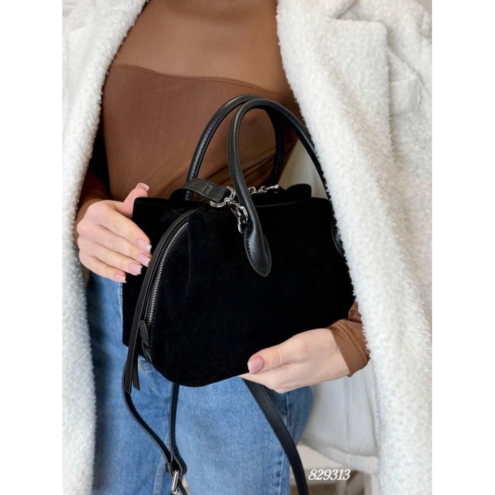 Сумка жіноча валізка 3 відділення комбінована натуральна замша/шкіра Чорна, Шоколад