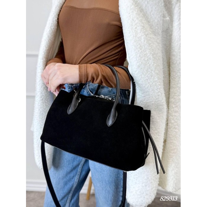 Сумка жіноча валізка 3 відділення комбінована натуральна замша/шкіра Чорна, Шоколад