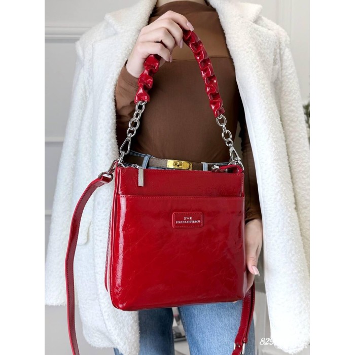 Сумка жіноча 3 відділення натуральна шкіра Червона лак