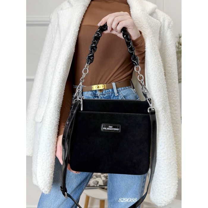 Сумка жіноча 3 відділення натуральна шкіра лак Червона Чорний замшевий