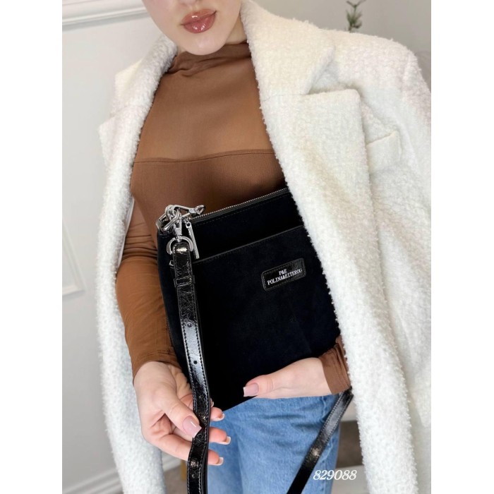 Сумка жіноча 3 відділення натуральна шкіра лак Червона Чорний замшевий