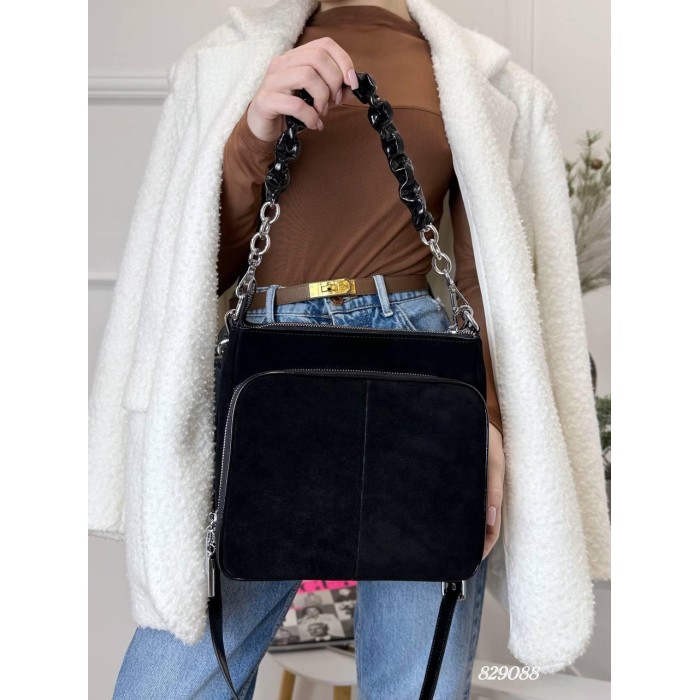 Сумка жіноча 3 відділення натуральна шкіра лак Червона Чорний замшевий