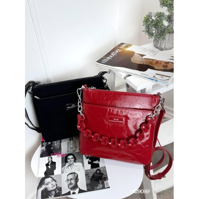 Сумка жіноча 3 відділення натуральна шкіра лак Червона Чорний замшевий