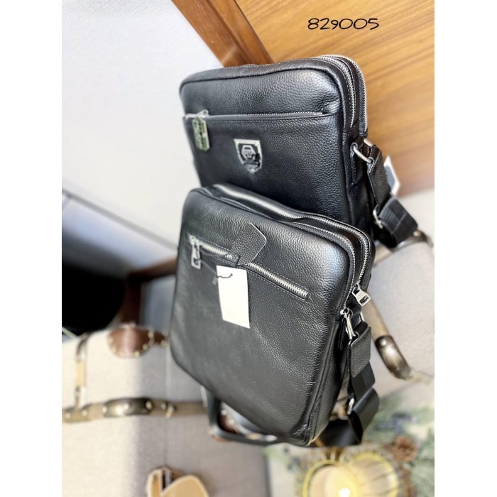 Чоловіча сумка 3 відділення натуральна шкіра Чорна