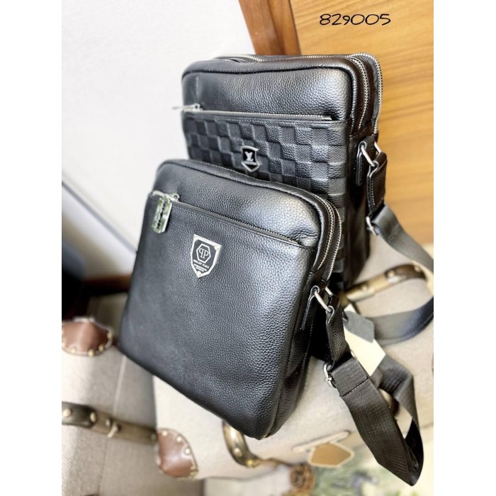 Чоловіча сумка 3 відділення натуральна шкіра Чорна