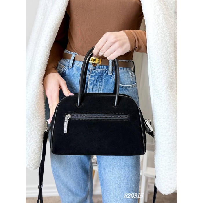 Сумка жіноча валізка комбінована натуральна замша/шкіра Чорна, Шоколад