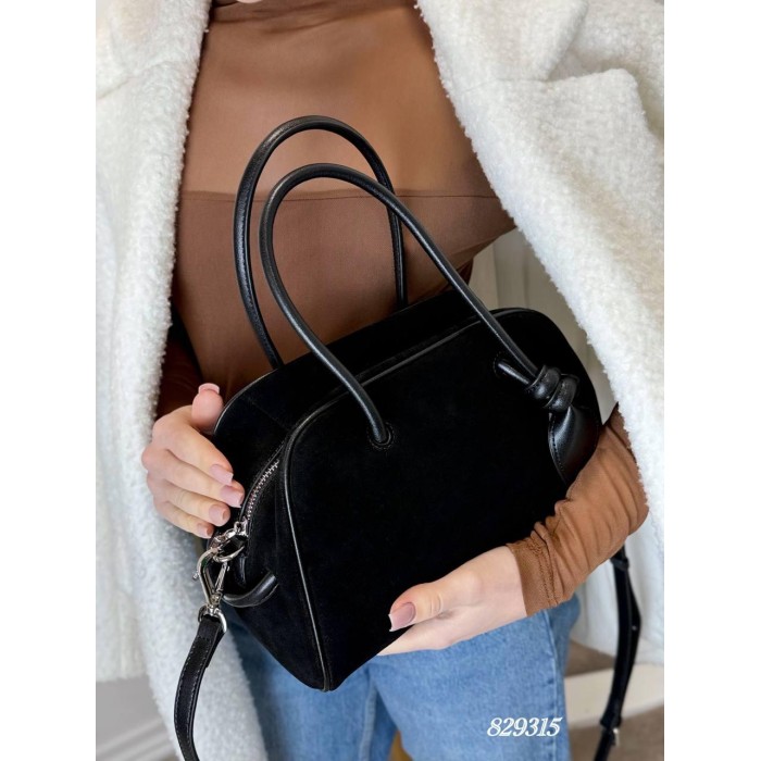 Сумка жіноча валізка комбінована натуральна замша/шкіра Чорна, Шоколад