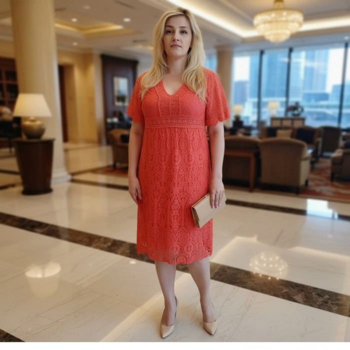 РОЗПРОДАЖ!!! Плаття літнє штапиль з гіпюром коралового кольору 46-50р