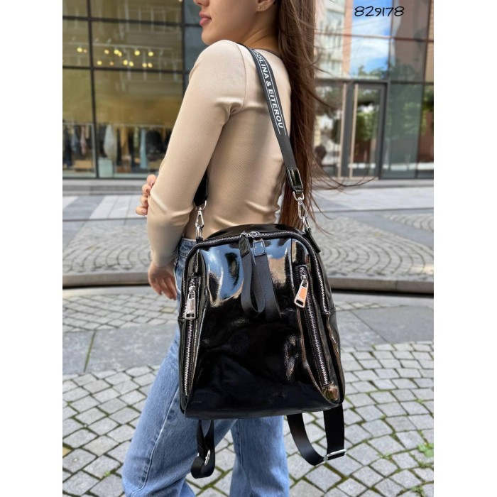 Рюкзак Polina лак натуральна шкіра колір: Чорний