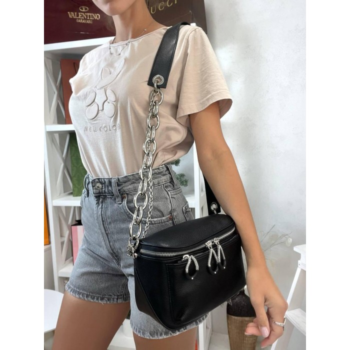 Сумка/валізка жіноча ланцюжки з натуральної шкіри Чорна, Біла