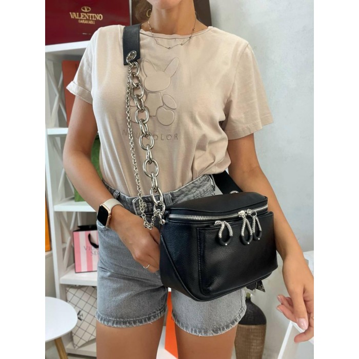 Сумка/валізка жіноча ланцюжки з натуральної шкіри Чорна, Біла
