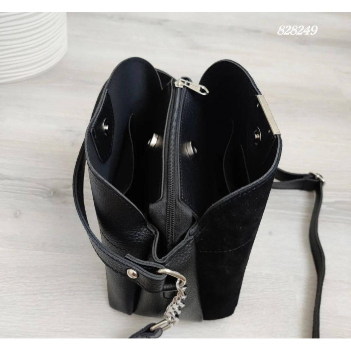 Сумка жіноча 3-віддела екошкіра/натуральна замша. Чорний крокодил, Шоколад, Чорна замша Чорна замша