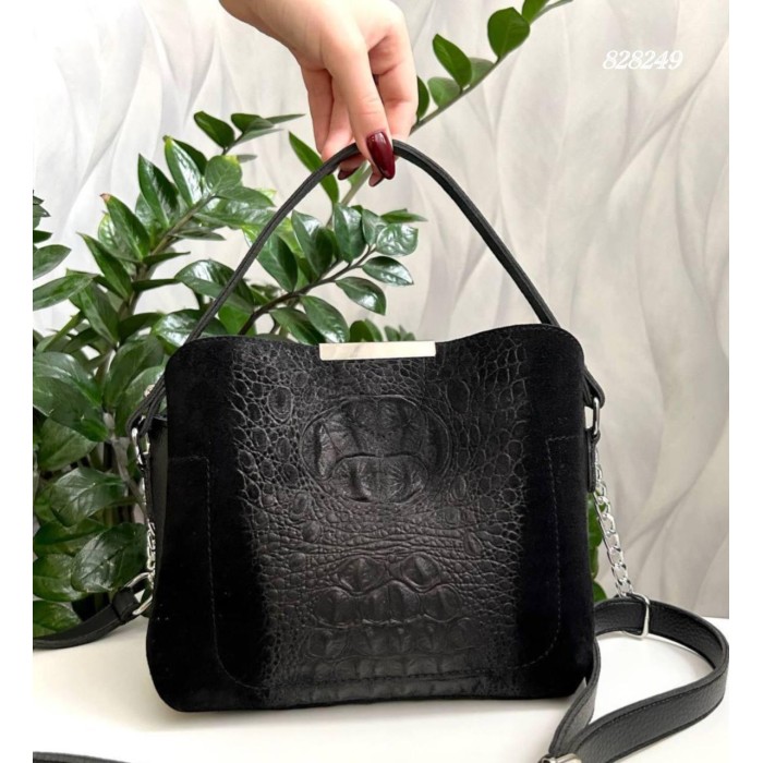 Сумка жіноча 3відділи екошкіра/натуральна замша Чорна крокодил, Шоколад, Чорна замша