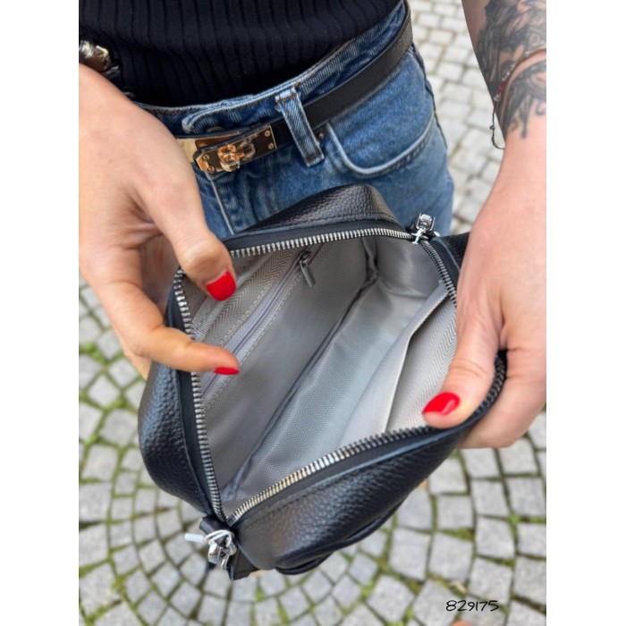 Сумка кросбоді 2 відділенн з натуральної шкіри Чорна