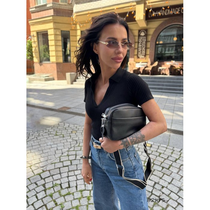 Сумка кросбоді 2 відділенн з натуральної шкіри Чорна