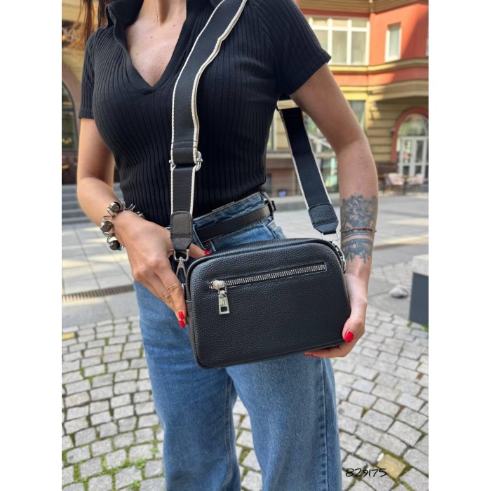 Сумка кросбоді 2 відділенн з натуральної шкіри Чорна