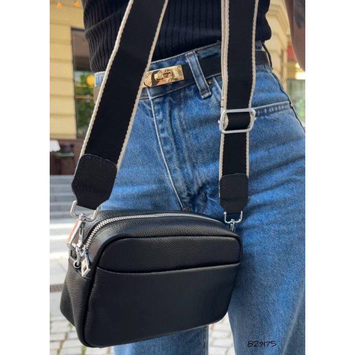 Сумка кросбоді 2 відділенн з натуральної шкіри Чорна