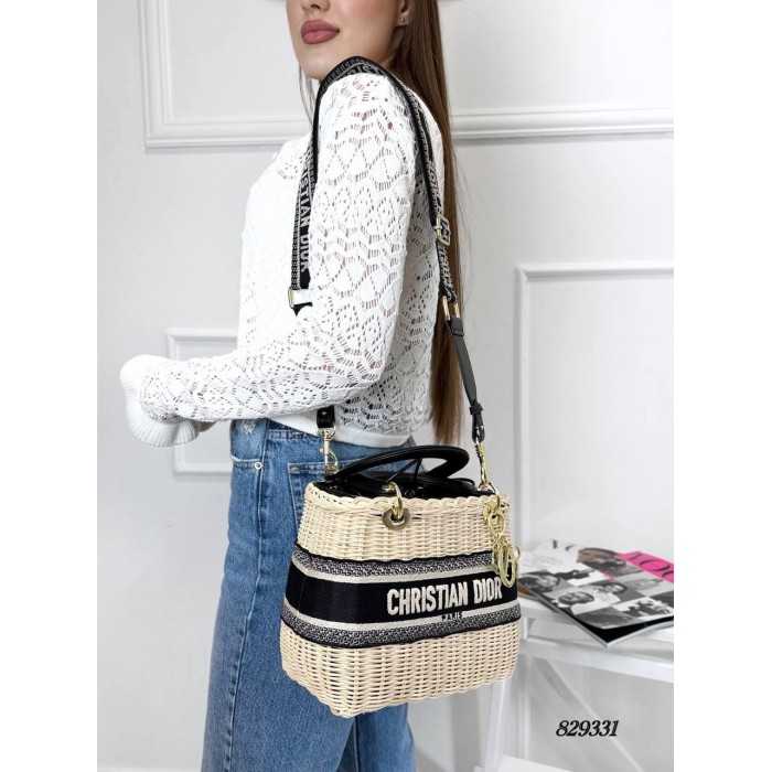 Сумка жіноча плетіння кошик комбінований зі шкірою Беж, Чорний