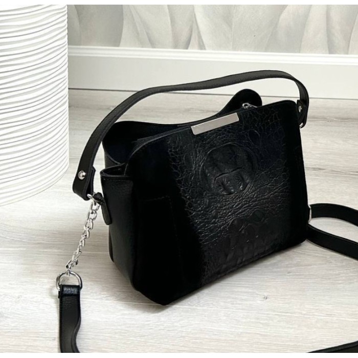 Сумка жіноча 3відділи екошкіра/натуральна замша Чорна крокодил, Шоколад, Чорна замша