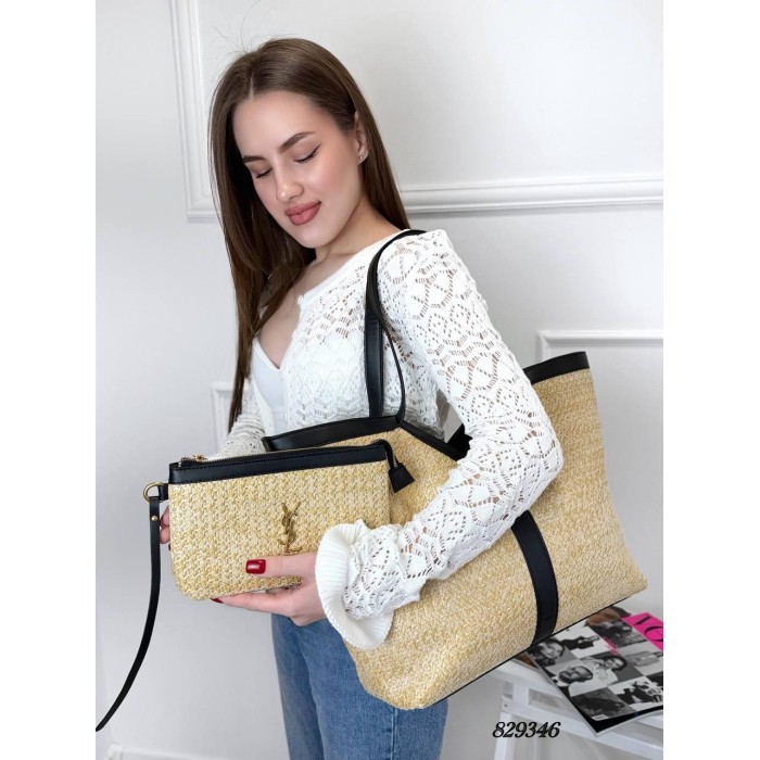 Сумка жіноча Шопер 2/1 комбінована щільна рогожка люкс/ шкіра колір: Беж