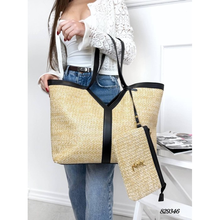 Сумка жіноча Шопер 2/1 комбінована щільна рогожка люкс/ шкіра колір: Беж