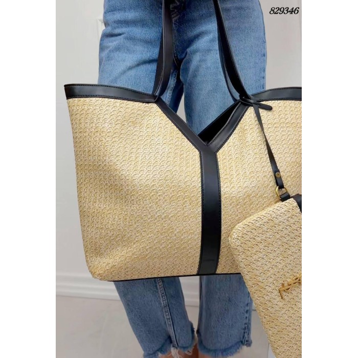 Сумка жіноча Шопер 2/1 комбінована щільна рогожка люкс/ шкіра колір: Беж