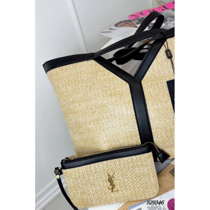 Сумка жіноча Шопер 2/1 комбінована щільна рогожка люкс/ шкіра колір: Беж